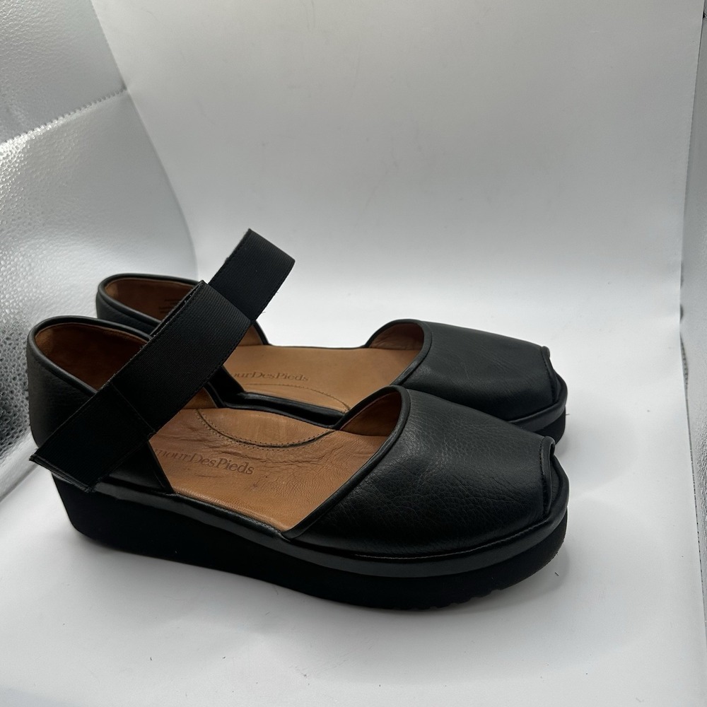 L'Amour Des Pieds Amadour Strappy Comfort Wedge Sandals Black Leather Women 10 M